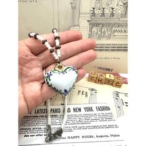 Victorian Porcelain Heart Hand Painted Floral Design Pendant Necklace